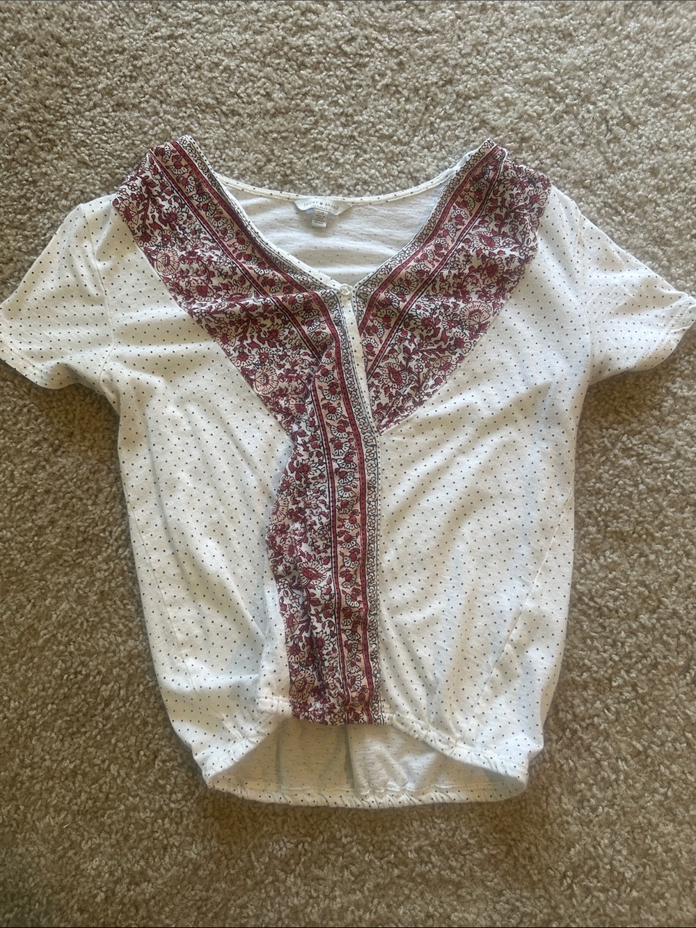 Lucky Brand White Short-Sleeve V-Neck Top with Red Paisley Trim